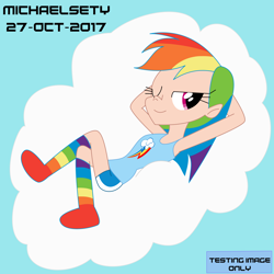 Size: 3500x3500 | Tagged: safe, artist:michaelsety, derpibooru import, rainbow dash, human, armpits, clothes, cloud, humanized, rainbow socks, socks, striped socks, tanktop