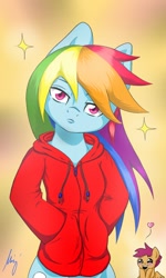 Size: 768x1280 | Tagged: safe, artist:ponyadler86, derpibooru import, rainbow dash, scootaloo, pegasus, pony, clothes, hoodie, looking at you, swag