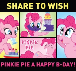 Size: 600x563 | Tagged: safe, pinkie pie, earth pony, pony, birthday, cake, cupcake, facebook, happy birthday, mouth hold, the hub