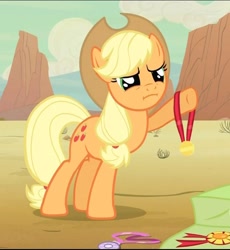 Size: 590x640 | Tagged: safe, screencap, applejack, earth pony, pony, the last roundup, female, mare, medal