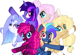 Size: 1202x875 | Tagged: safe, artist:saphi-boo, derpibooru import, applejack, fluttershy, pinkie pie, rainbow dash, rarity, twilight sparkle, oc, earth pony, pegasus, pony, unicorn, alternate universe, base used, mane six, smiling, socks (coat marking)