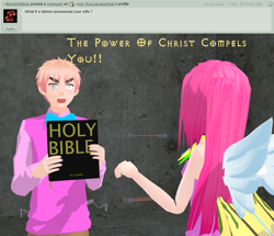 Size: 1008x868 | Tagged: safe, artist:ask-thecupcakespair, pinkie pie, human, barely pony related, bible, crossover, cupcake, england, hetalia, humanized, pinkamena diane pie, religion, the exorcist, wat