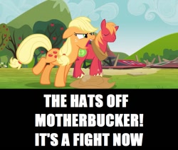 Size: 1067x906 | Tagged: safe, edit, edited screencap, screencap, applejack, big macintosh, earth pony, pony, too many pinkie pies, angry, duo, eyes closed, female, floppy ears, hat off, male, mare, stallion, sweet apple acres, vulgar