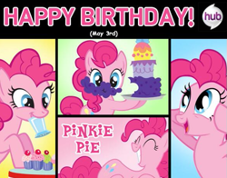 Size: 589x462 | Tagged: safe, edit, pinkie pie, earth pony, pony, birthday, cake, cupcake, happy birthday, hub logo, may 3rd, mouth hold, official, text