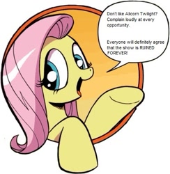 Size: 421x431 | Tagged: safe, fluttershy, pegasus, pony, bad advice fluttershy, blue eyes, dialogue, exploitable meme, female, mare, meme, meta, op is trying to start shit, open mouth, pink mane, raised hoof, raised leg, ruined forever, simple background, smiling, solo, speech bubble, talking to viewer, underhoof, yellow coat