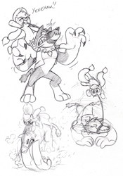 Size: 699x1000 | Tagged: safe, artist:mickeymonster, applejack, oc, oc:karl the diamond dog, diamond dog, earth pony, pony, diamond dog oc, lineart, monochrome, ponies riding dogs, riding, rodeo, rope, sketch, traditional art