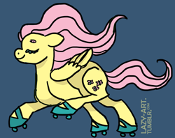 Size: 500x396 | Tagged: safe, artist:weepysheep, fluttershy, pegasus, pony, blue background, eyes closed, roller skates, simple background, smiling, solo