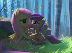 Size: 1200x880 | Tagged: safe, artist:raikoh, fluttershy, scootaloo, pegasus, pony, bandage, fluttermom, forest, grass, injured, outdoors, scootalove, sitting, smiling