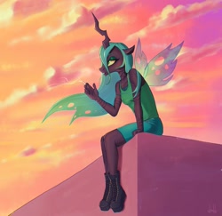 Size: 1209x1174 | Tagged: safe, artist:dumddeer, queen chrysalis, anthro, changeling, changeling queen, cigarette, clothes, cloud, female, horn, smoking, solo, tanktop