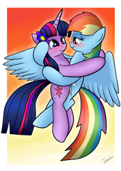 Size: 2480x3507 | Tagged: safe, artist:twidasher, derpibooru import, rainbow dash, twilight sparkle, pegasus, pony, blushing, female, flower, flower in hair, flying, hug, lesbian, shipping, twidash