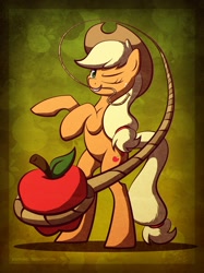 Size: 2017x2700 | Tagged: safe, artist:bigponymac, applejack, earth pony, pony, apple, applejack's hat, bipedal, cowboy hat, female, freckles, hat, lasso, mare, mouth hold, obligatory apple, one eye closed, rearing, rope, solo, wink