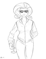 Size: 1011x1309 | Tagged: safe, artist:megasweet, rarity, clothes, drive, hammer, humanized, jacket, monochrome, pants, parody, scene parody, solo, sunglasses