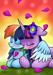 Size: 2480x3507 | Tagged: safe, artist:twidasher, derpibooru import, rainbow dash, twilight sparkle, pegasus, pony, unicorn, eyes closed, female, hug, lesbian, mare, multicolored hair, prone, shipping, smiling, twidash, winghug