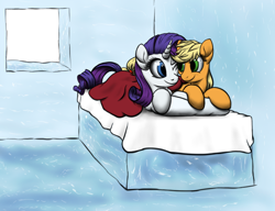 Size: 1000x766 | Tagged: safe, artist:furor1, applejack, rarity, earth pony, pony, unicorn, bed, female, ice house, lesbian, rarijack, shipping