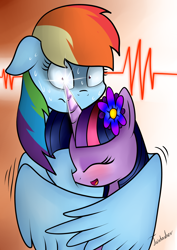 Size: 2480x3507 | Tagged: safe, artist:twidasher, derpibooru import, rainbow dash, twilight sparkle, pegasus, pony, unicorn, blushing, critical hug failure, eye poke, eye scream, eyes closed, female, floppy ears, flower, flower in hair, horn impalement, hug, lesbian, mare, open mouth, shipping, shrunken pupils, sweat, twidash, unicorn problems, winghug