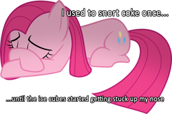 Size: 801x533 | Tagged: safe, artist:bubblestormx, edit, pinkie pie, earth pony, pony, cocaine, coke, image macro, pinkamena diane pie