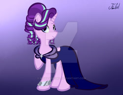 Size: 600x464 | Tagged: safe, artist:missanimegrl, starlight glimmer, pony, unicorn, alternate hairstyle, clothes, dress, gala dress, gradient background, raised hoof, smiling, solo, watermark