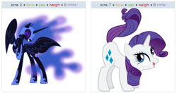 Size: 530x279 | Tagged: safe, nightmare moon, rarity, pony, unicorn, exploitable meme, juxtaposition, juxtaposition win, meme, plot