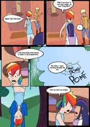 Size: 755x1057 | Tagged: safe, artist:afroquackster, derpibooru import, applejack, rainbow dash, twilight sparkle, human, clothes, cloud, comic, hoodie, humanized, it's not equestria anymore, pony to human, ponytail, transformation