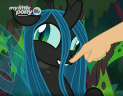 Size: 1164x914 | Tagged: safe, edit, edited screencap, screencap, queen chrysalis, changeling, changeling queen, the beginning of the end, boop, boop edit, crazylis, cropped, derp, female, finger, hand