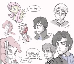 Size: 900x777 | Tagged: safe, artist:tweek278, fluttershy, pinkie pie, earth pony, pegasus, pony, bbc sherlock, crossover, cupcake, john watson, konami, sherlock holmes, silent hill, speech bubble