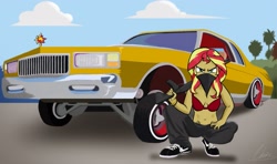 Size: 2275x1347 | Tagged: safe, artist:oinktweetstudios, sunset shimmer, equestria girls, bandana, belly button, breasts, caprice, car, chevrolet, chevrolet caprice, cleavage, female, gun, lowrider, midriff, shotgun, solo, tattoo, weapon