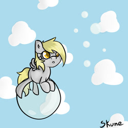 Size: 900x900 | Tagged: safe, artist:skune, derpy hooves, pegasus, pony, :o, bubble, cloud, cloudy, cute, female, floating, mare, prone, solo