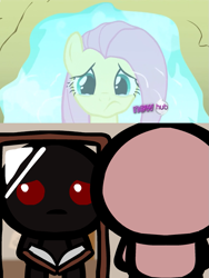 Size: 793x1053 | Tagged: safe, edit, screencap, fluttershy, pegasus, pony, putting your hoof down, comparison, hub logo, inner demons, reflection, sad, the binding of isaac