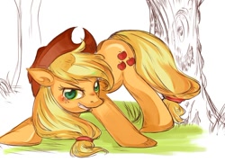 Size: 744x535 | Tagged: safe, artist:kiisuke, applejack, earth pony, pony, action pose, pixiv, solo, tree