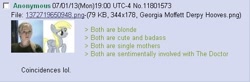 Size: 494x162 | Tagged: safe, derpy hooves, 4chan, doctor who, georgia moffett, greentext, mind blown, mind screw, text, thread