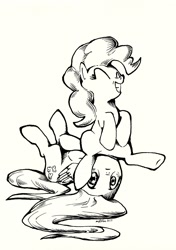 Size: 1711x2433 | Tagged: safe, artist:mcstalins, fluttershy, pinkie pie, earth pony, pegasus, pony, facesitting, flutterseat, monochrome