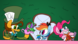 Size: 1280x720 | Tagged: safe, artist:joeywaggoner, derpibooru import, cheese sandwich, gummy, pinkie pie, rainbow dash, earth pony, pony, alice in wonderland, clothes, commission, cosplay, dormouse, mad hatter, march hare, parody, rainbow dash always dresses in style