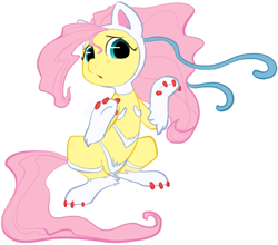 Size: 697x612 | Tagged: safe, artist:php27, fluttershy, cat, pegasus, pony, cat ears, claws, costume, darkstalkers, felicia, fluttercat, kitten, solo