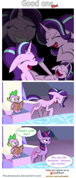 Size: 1800x4200 | Tagged: safe, artist:pandramodo, spike, starlight glimmer, twilight sparkle, twilight sparkle (alicorn), alicorn, dragon, pony, celestial advice, absurd resolution, book, comic, cutie map, friendship throne, laughing, laughing tom cruise, patreon, patreon logo, twilight's castle