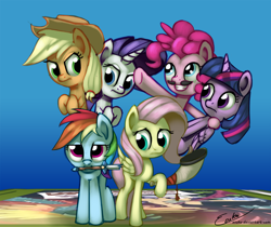 Size: 1250x1050 | Tagged: safe, artist:esuka, derpibooru import, applejack, fluttershy, pinkie pie, rainbow dash, rarity, twilight sparkle, twilight sparkle (alicorn), alicorn, earth pony, pegasus, pony, unicorn, trade ya, daring do and the sapphire statue, fake moustache, female, mane six, mare