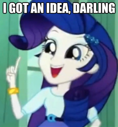 Size: 438x473 | Tagged: safe, edit, edited screencap, screencap, rarity, equestria girls, equestria girls (movie), cropped, darling, idea, image macro, open mouth, smiling, solo