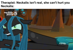 Size: 1920x1313 | Tagged: safe, edit, edited screencap, screencap, king sombra, queen chrysalis, changeling, changeling queen, pony, unicorn, the beginning of the end, female, long neck, meme, neck stretching, skull cow isn't real