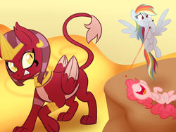 Size: 1024x768 | Tagged: safe, artist:wubcakeva, derpibooru import, pinkie pie, rainbow dash, sphinx (character), earth pony, pegasus, pony, sphinx, daring done?, behaving like a cat, eyeshadow, flying, jewelry, kitty sphinx, laser pointer, laughing, looking at you, lying down, makeup, on back, open mouth, slit eyes, spread wings, wings