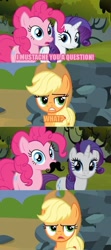 Size: 500x1123 | Tagged: safe, applejack, pinkie pie, rarity, earth pony, pony, unicorn, moustache, pun