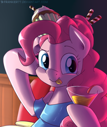 Size: 980x1161 | Tagged: safe, artist:frankier77, pinkie pie, earth pony, pony, apple slice, clothes, cocktail, cupcake, cute, diapinkes, dress, drink, food, sitting up, solo, tongue out