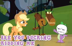 Size: 500x318 | Tagged: safe, edit, edited screencap, screencap, applejack, spike, dragon, earth pony, pony, timber wolf, are you serious