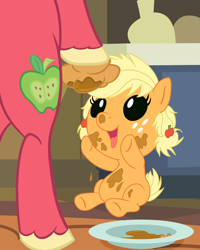 Size: 1920x2400 | Tagged: safe, artist:beavernator, artist:php87, edit, applejack, big macintosh, earth pony, pony, apple fritter (food), baby pony, babyjack, bipedal, female, filly, foal, male, stallion