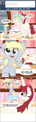 Size: 651x2161 | Tagged: safe, artist:sketchyjackie, derpy hooves, oc, oc:fausticorn, pony, ask, badge, bipedal, comic, cork gun, cute, daaaaaaaaaaaw, derpabetes, filly, food, kitchen, lauren faust, muffin, my little filly, playing dead, ponified, roleplaying, speech bubble, stars, tumblr, younger