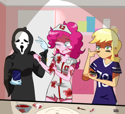 Size: 2750x2500 | Tagged: safe, artist:noahther, derpibooru import, applejack, pinkie pie, rainbow dash, equestria girls, american football, cellphone, clothes, ghostface, halloween, holiday, indianapolis colts, nfl, nurse, phone, scream mask, smartphone, sports, table