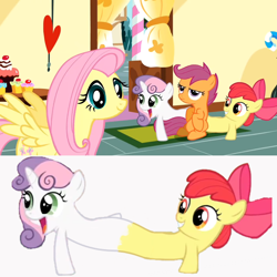 Size: 1024x1024 | Tagged: safe, edit, edited screencap, screencap, apple bloom, fluttershy, scootaloo, sweetie belle, chimera, the cutie mark chronicles, cannot unsee, catdog, cutie mark crusaders, female, fusion, sweetiebloom (fusion), together forever, we have become one, what has science done