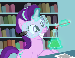 Size: 3200x2469 | Tagged: safe, artist:matthewboyz, starlight glimmer, pony, unicorn, celestial advice, bookshelf, chemistry, cute, female, flask, glimmerbetes, glowing horn, goggles, horn, magic, mare, science, smiling, solo, teeth, telekinesis, test tube, this will end in science, vector