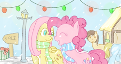 Size: 760x400 | Tagged: safe, artist:speccysy, fluttershy, pinkie pie, earth pony, pegasus, pony, background pony, christmas, clothes, female, flutterpie, lesbian, present, scarf, shipping