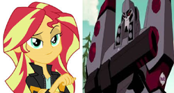 Size: 1018x544 | Tagged: safe, sunset shimmer, equestria girls, friendship games, blouse, clothes, comparison, fusion cannon, goatee, jacket, leather jacket, megatron, sideburns, smug, smugset shimmer, transformers, transformers animated