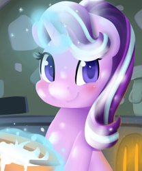 Size: 2000x2400 | Tagged: safe, artist:moondreamer16, starlight glimmer, pony, unicorn, baking, bowl, cute, female, flour, glimmerbetes, looking at you, mare, smiling, solo