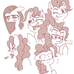 Size: 600x600 | Tagged: safe, artist:xieril, pinkie pie, earth pony, pony, too many pinkie pies, facial expressions, glasses, multeity, sketch dump